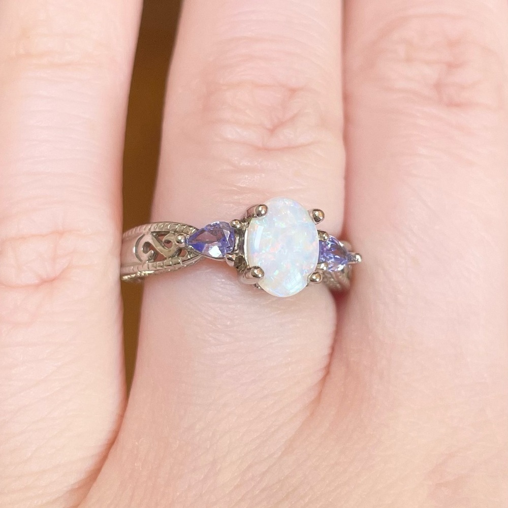 14K Opal Tanzanite filigree white lab oval teardrop purple white gold ri…​ - Picture 3 of 11